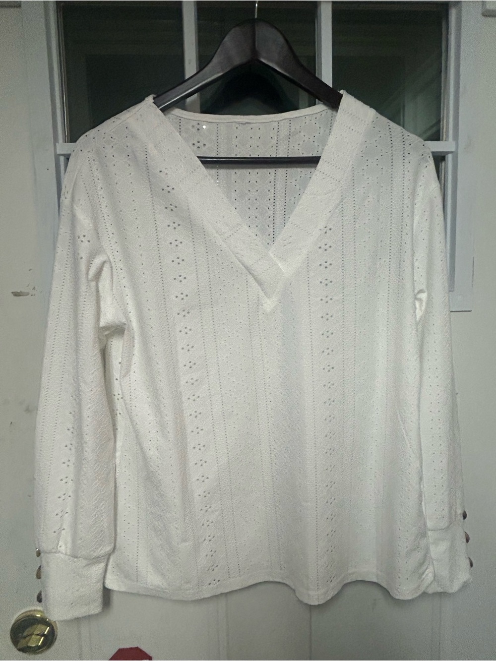 Women's White V-Neck Long Sleeve Eyelet Knit Top